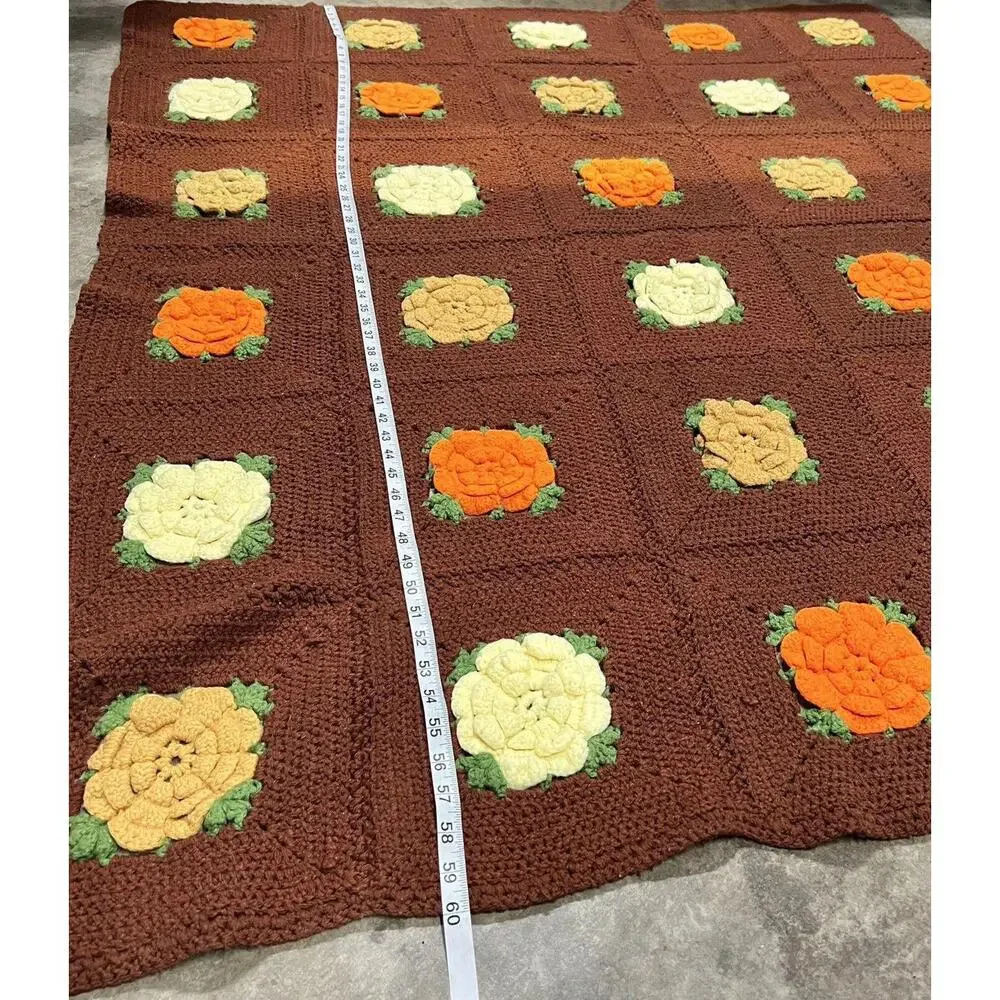 VTG Afghan Blanket 3D Flower Crochet Granny Square Handmade Throw Brown 60”x50”